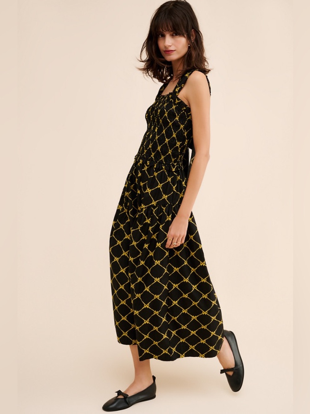 Midi Tie-Shoulder Smocked Dress in Black and Yellow